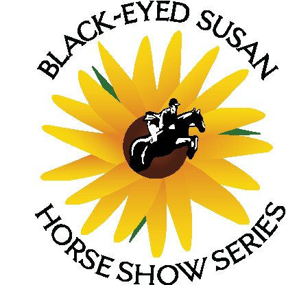 Circular logo with the words BLACK-EYED SUSAN HORSE SHOW SERIES around the outside edge. In the center, a rider on horseback jumps out of the center of a large yellow flower with a brown center.