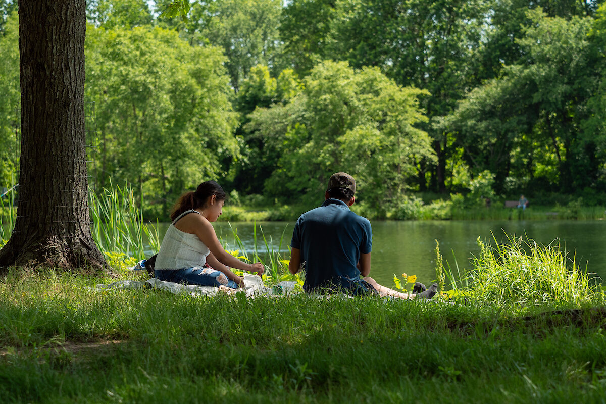 A man and a woman sit on a blanket on the grassy bank of a lake, having a picnic. They are under the shade of several tall trees; across the water are more trees.