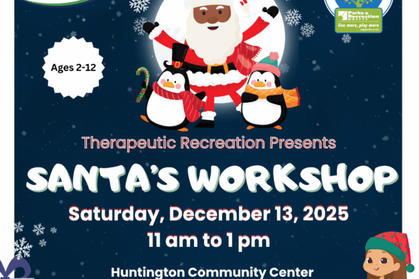 santa's workshop event, with Santa Clause and two penguins