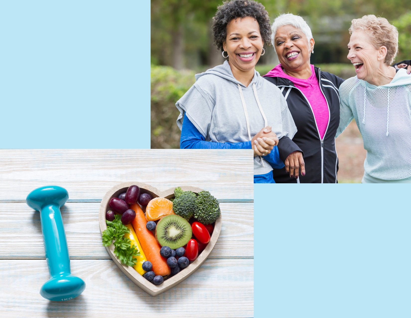 Three people standing outdoors; heart-shaped bowl with fruits, vegetables, and dumbbell on wooden surface.