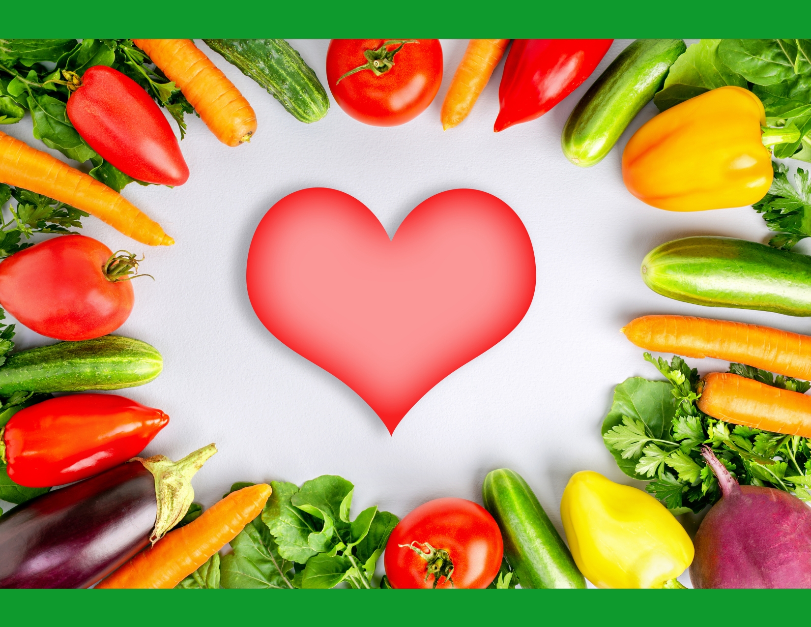 An illustration featuring a red heart surrounded by a circle of fresh vegetables, including cucumbers, bell peppers, carrots, and tomatoes.