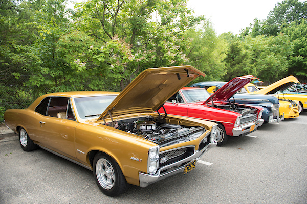 Old school style cars parked side by side with their front hoods lifted up showing their engines.
