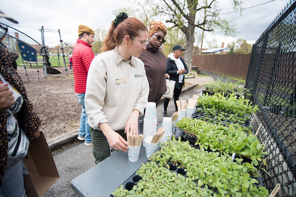 Two women overlooking a tray of plants