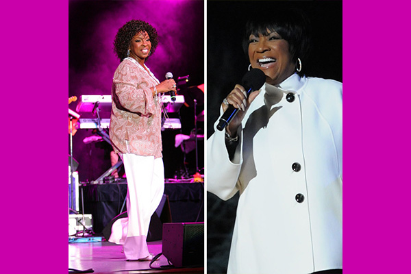 Composite photo with side-by-side images of Gladys Knight and Patti Labelle performing on stage.