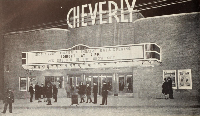 Black-and-white historic photo depicting Cheverly Theatre at night, with patrons outside and marquee advertising the gala opening and a Red Skelton performance.