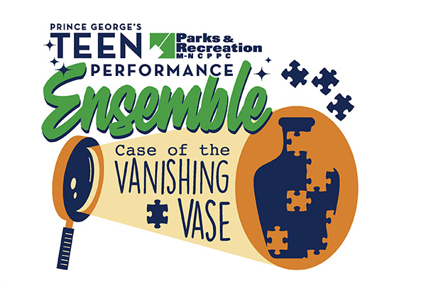 Graphic with the words "Teen Performance Ensemble - Case of the Vanishing Vase" next to a silhouette of a vase being assembled with puzzle pieces.