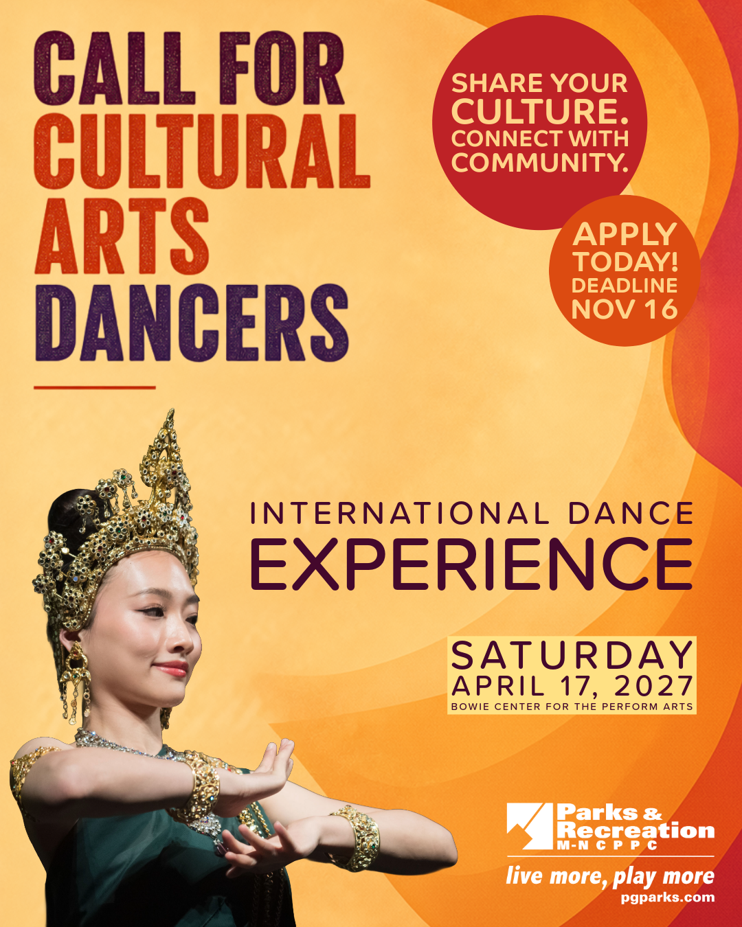 Promotional poster for an International Dance Experience featuring a traditional dancer, event date, venue information, and a call for cultural arts dancers.