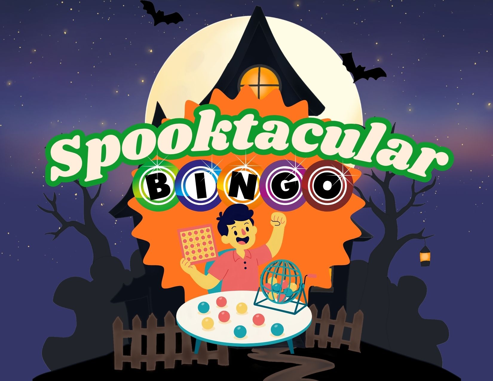 Halloween-themed graphic featuring a happy boy with a bingo card and cage against a spooky night background, titled "Spooktacular BINGO".